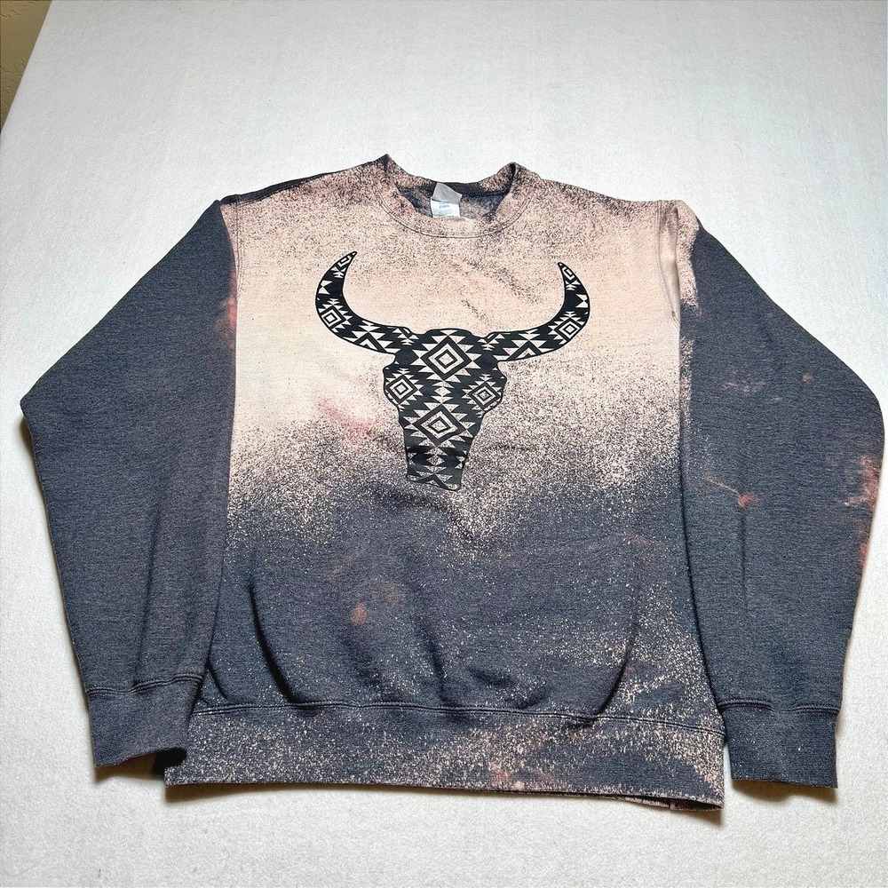 Port & Company Bleached Aztec Longhorn Bull Skull Sweatshirt Charcoal Gray M